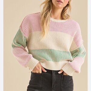ALTARD STATE WOMENS CHENILLE STRIPED SWEATER PINK GREEN LARGE